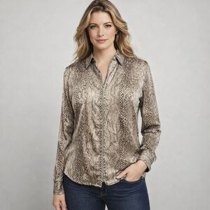 Burns Silk Snake Print Zipper Front Stretch Top Size 10 Mobwife Office Career